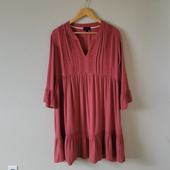 ARTESIA Rust Orange Mini Dress Size L Crepe Rayon Boho Layered Ruffle Sleeve - Picture 7 of 8